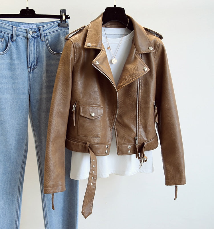 Spring Autumn Women Faux Leather Jacket Slim Streetwear Khaki