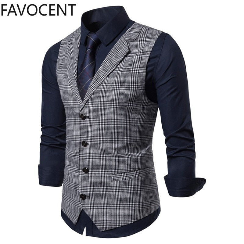 Mens Suit Vest Fashion Slim Fit Thin Plaid Men Waistcoat Tops Slim Business Vest