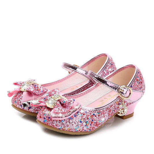 Princess Kids Leather Shoes Girls Wedding Flower Casual Glitter Children High Heel