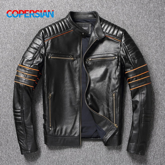 Skull Embroidery Men's First Layer Cowhide Leather Jacket Motorcycle Slim