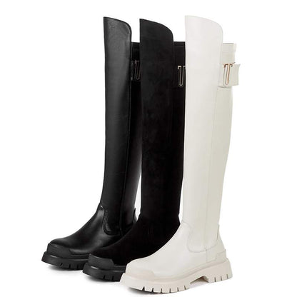 cow leather platform thigh high boots round toe casual