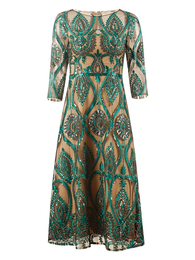 Evening wear Dresses: Green Evening Dress Vintage Sequins Appliques