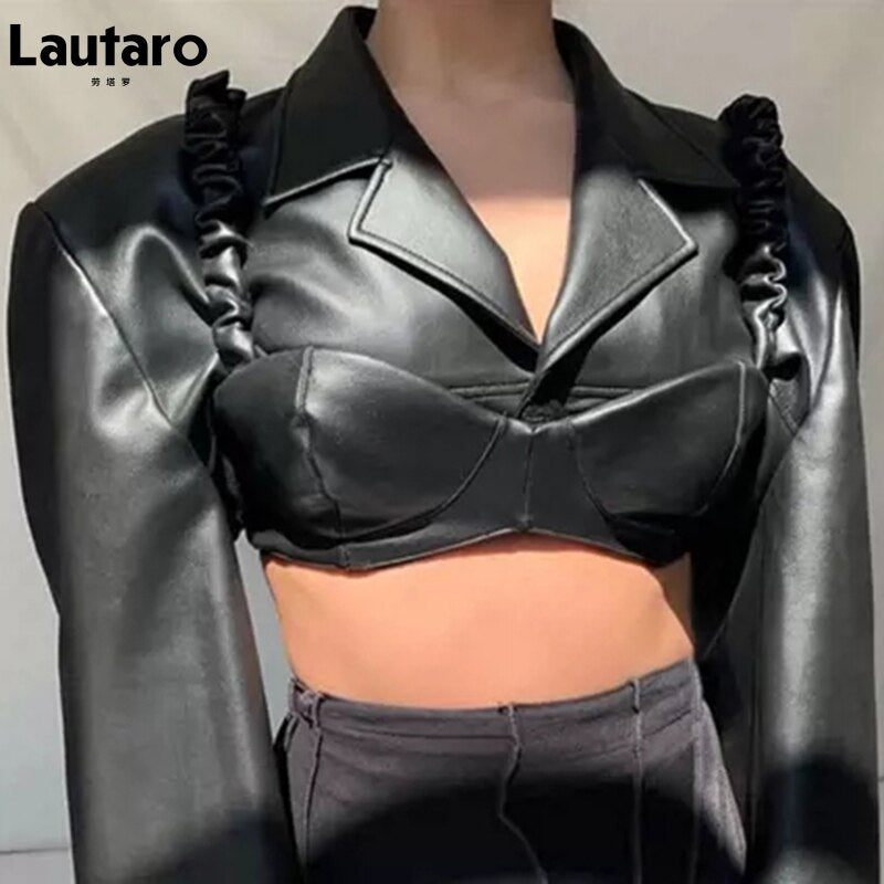 Spring Autumn Short Black Light Faux Leather Jacket Women Long
