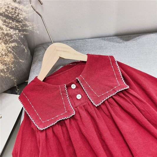 Girls Dress Autumn Big Lapel Sweet Long-Sleeved Dress Children Baby Kids