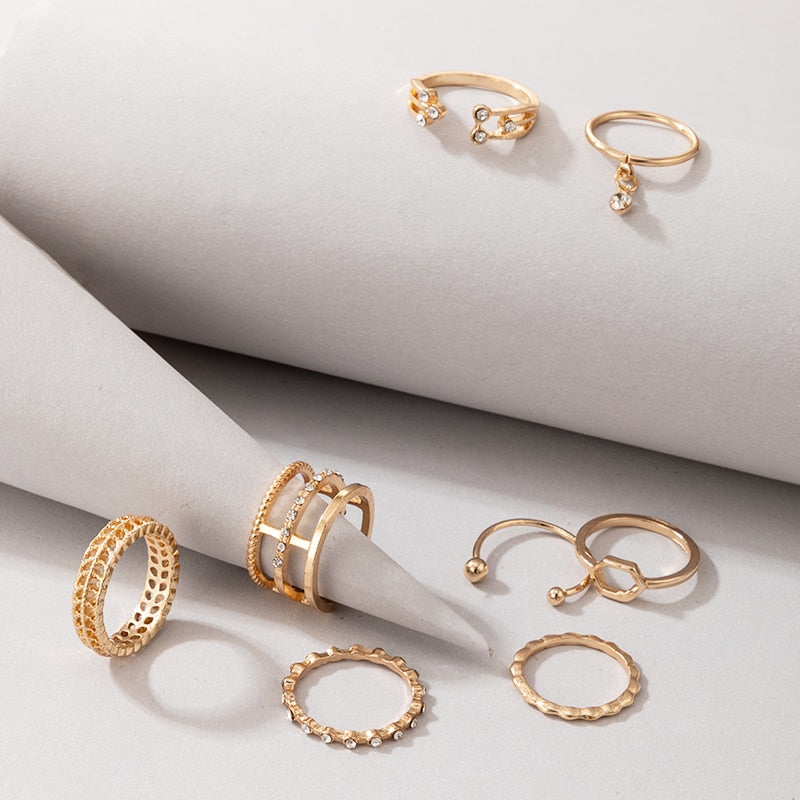 Tocona 8pcs/sets Hollow Out Rings for Women Men Charms Clear Crystal