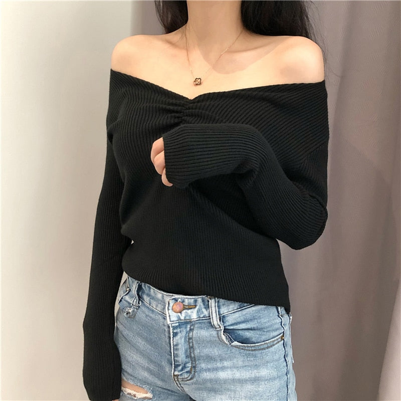 V Neck Women Sweater Autumn Knitted Pullover Jumper