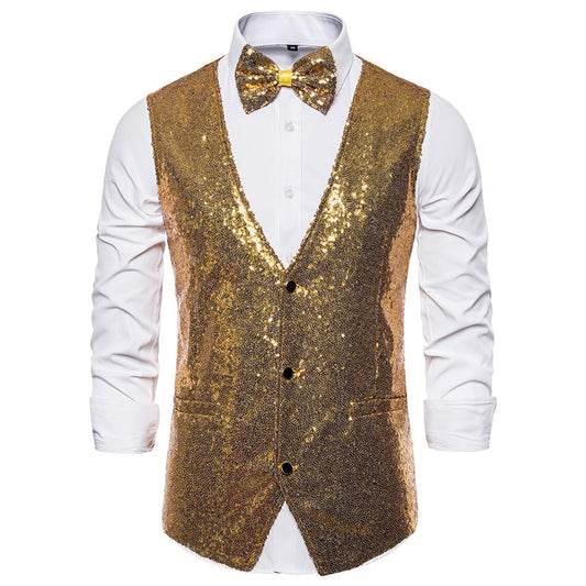 Shiny Gold Sequin Sparkling Waistcoat Men Slim Fit V Neck 2 Pieces Mens Vest
