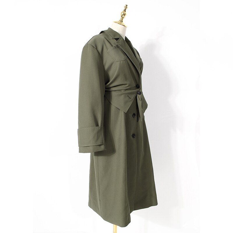 Women Green Irregular Big Size Trench Lapel Long Sleeve Loose