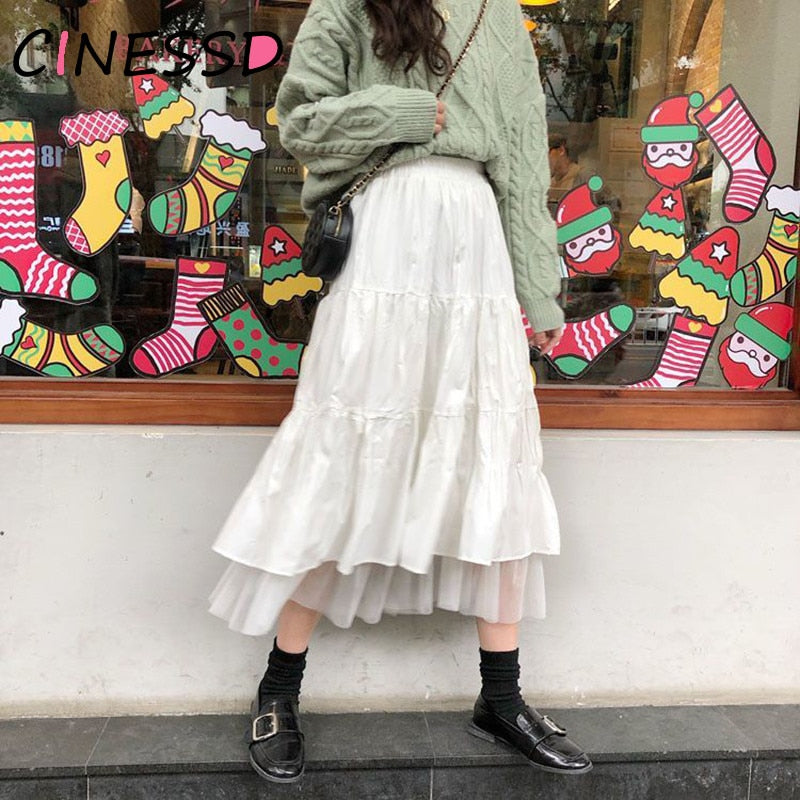 Long Tulle Midi Skirts Womens Autumn Elastic High Waist Mesh Tutu Pleated Skirts