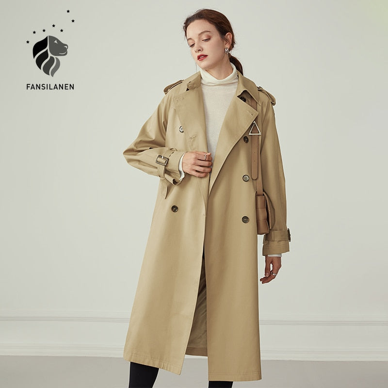 100% Cotton Khaki Long Women Trench Coat