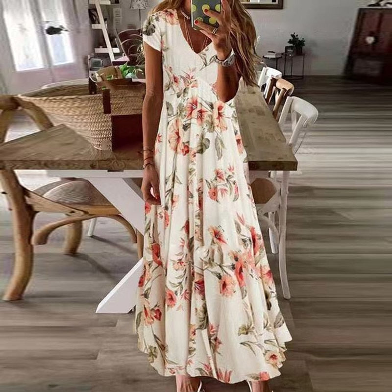 Women Elegant V-Neck Summer Dresses Casual Short Sleeve Dresses