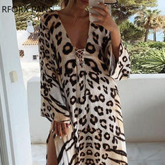 Women Dress Cheetah Print Lace-up High Slit Maxi Dress Maxi Dress for Women