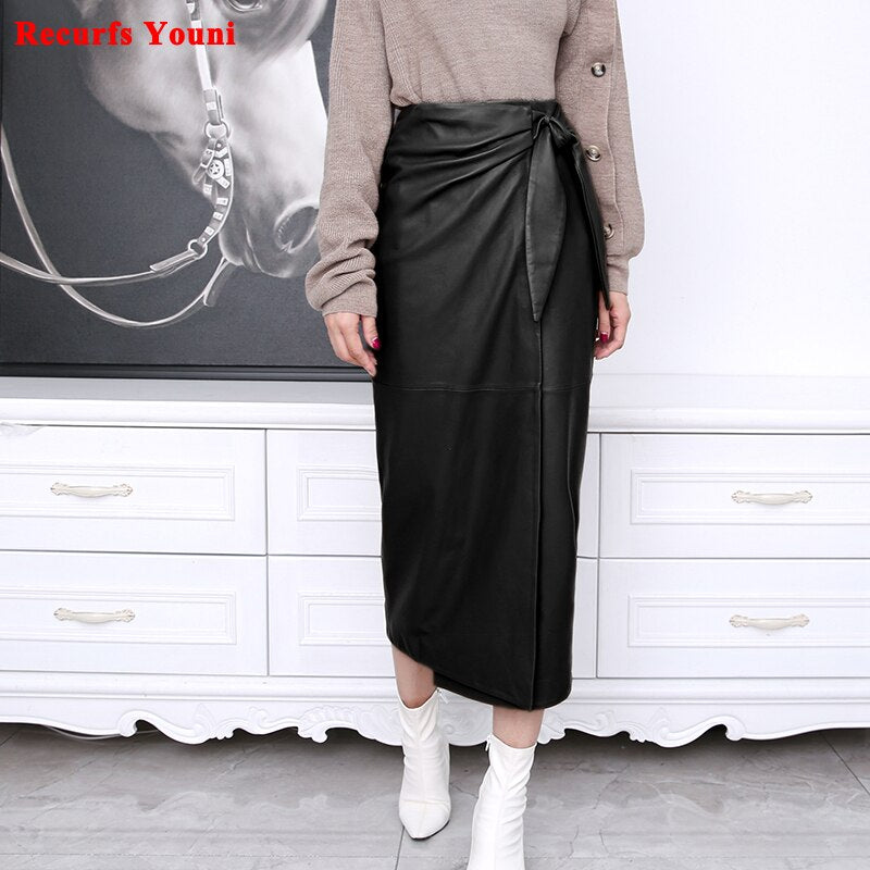 Leather Wrap Skirt Women Winter Female European Real Soft Lambskin 80 cm