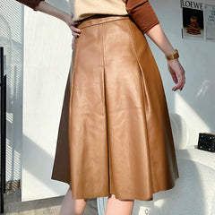 Literary Retro Leather Skirts Women Female 3D Metal  Tailoring High Waist Mid Long