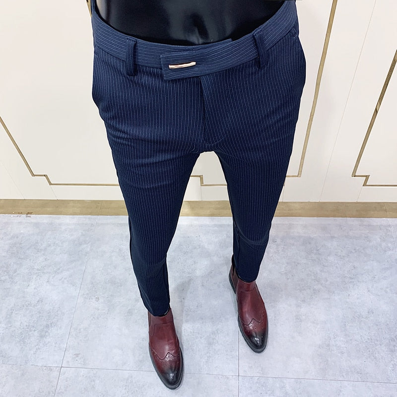 Chic Striped Navy Blue Pants Men Elegant Slim Fit Tight-ankle Suit Trousers Pants