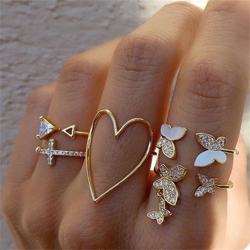 Vintage Boho Crystal Butterfly Rings Set For Women Zircon Leaves Stars