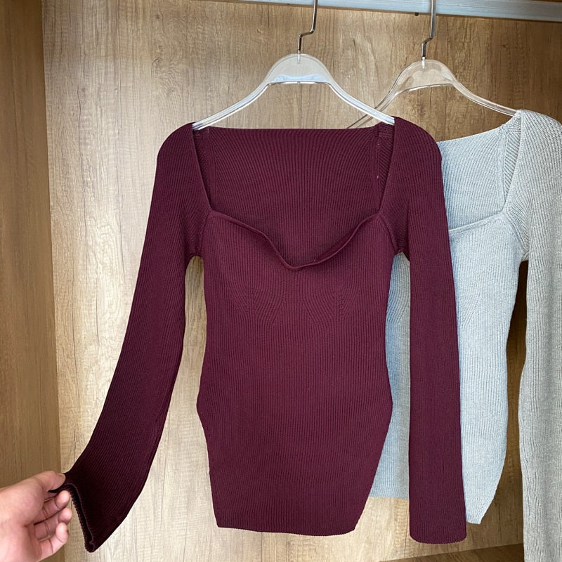 Square Collar Long Sleeve Woman Sweaters Knitted Pullover Women