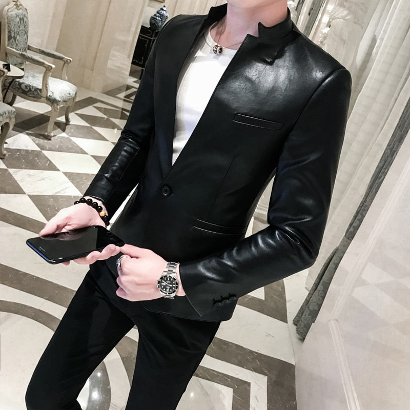 Tuxedo for Mens: Men Suit Black Slim Fit Blazer Hombre PU Leather Jacket Male