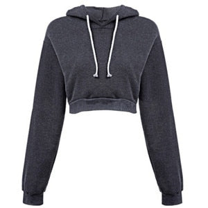 Women Hoodies Solid Crop Hoodie Long Sleeve Jumper Hooded Pullover