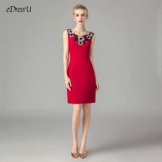 Embroidery Cocktail Dress Elegant Sheath Party Dress Knee Length Prom Dress