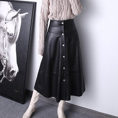 Women Maxi Skirt Femme Genuine Leather Side Pocket Buttons A-line