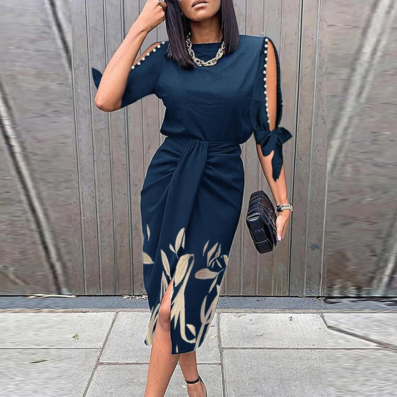 Women Hollow Out Short Sleeve Party Dress Women Elegant O Neck Folds