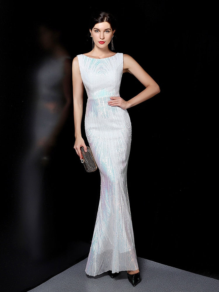 Evening wear Dresses: O-neck Sleeveless Shining Sequins Elegant Mermaid Evening Dress
