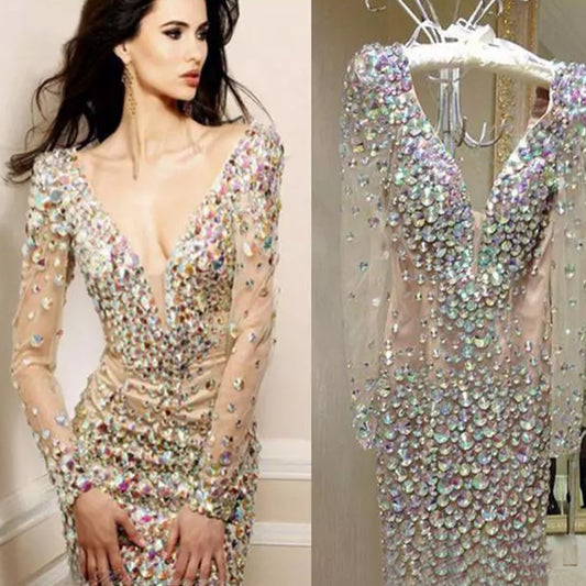 Short Beading Crystal Cocktail Dress Full Sleeves Prom Dress Women Formal Party