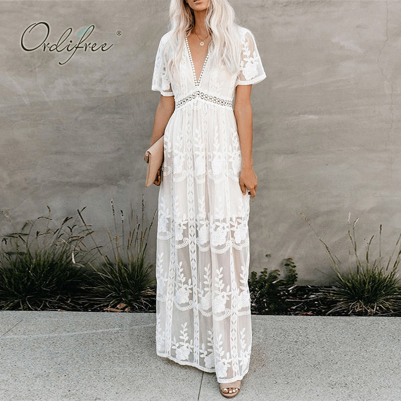 Summer Boho Women Maxi Dress Loose Embroidery White Lace Long