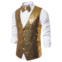 Shiny Royal Blue Sequin Dress Vests Men Slim Fit V Neck Glitter Tuxedo Waistcoat