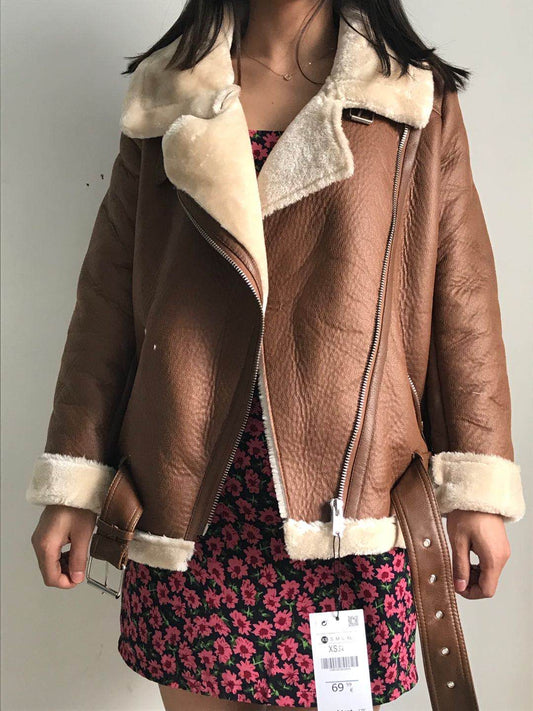 Tangada Women beige fur faux leather jacket coat with belt turn down