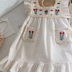 Summer Girls Dress British Style Retro Embroidery Little Girl Flying Sleeves