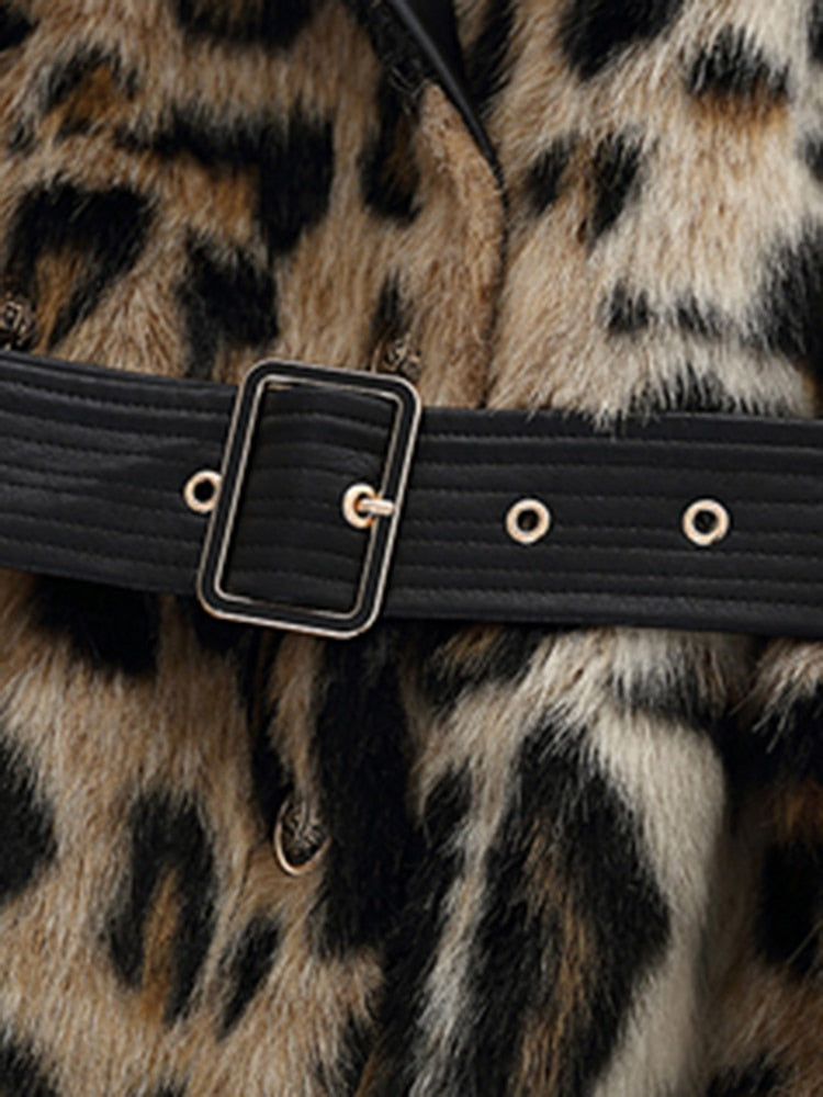 Lautaro Winter Long Leopard Print Warm Fluffy Faux Fur Trench Coat