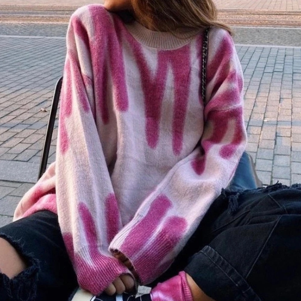 Print Knitted Sweater Women Elegant Green Striped Oversized Pullovers Women