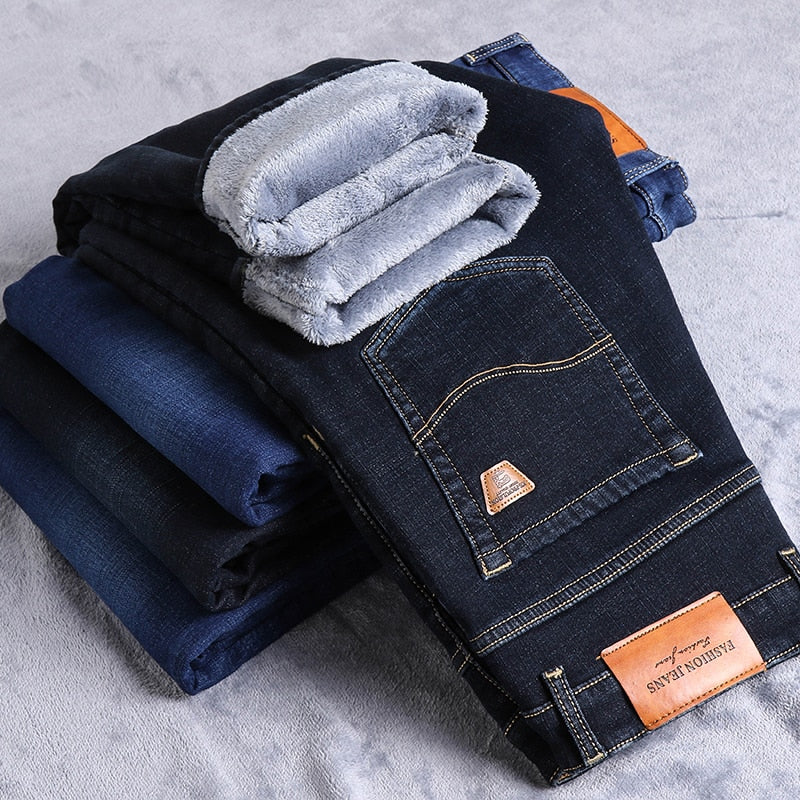 Men Fleece Warm Jeans Classic Style Business Casual Regular Fit Thicken Stretch