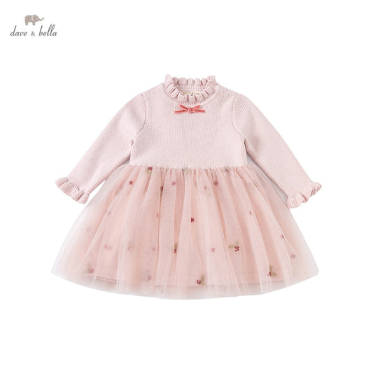 winter baby girl cute bow stars mesh sweater dress children fashion party dress