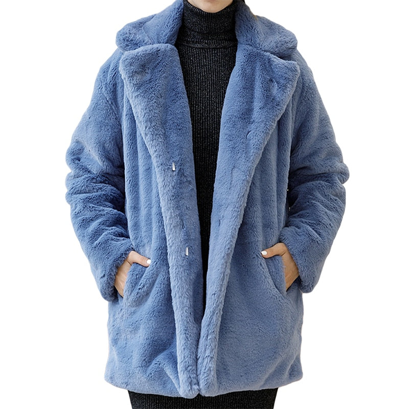 Winter Women High Quality Faux Rabbit Fur Coat Luxury Fur Coat Loose Lapel Over Coat