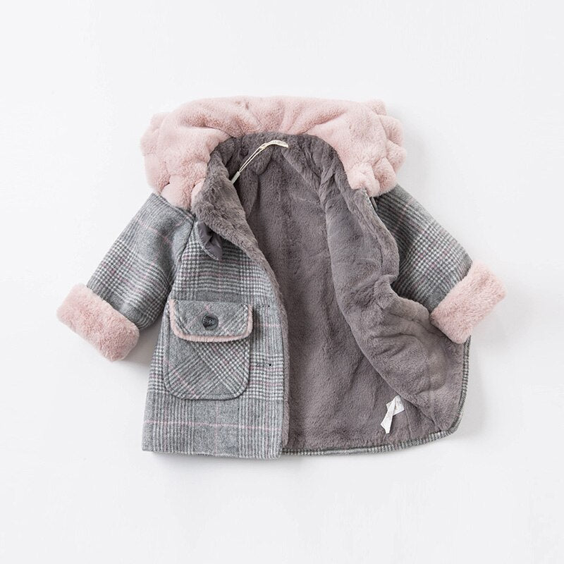 winter baby girls fashion removable bow plaid padded coat