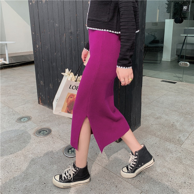 High Elastic Waist Women Long Skirt Knitted Pencil Skirt Wool Autumn Split Skirts
