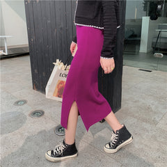 High Elastic Waist Women Long Skirt Knitted Pencil Skirt Wool Autumn Split Skirts