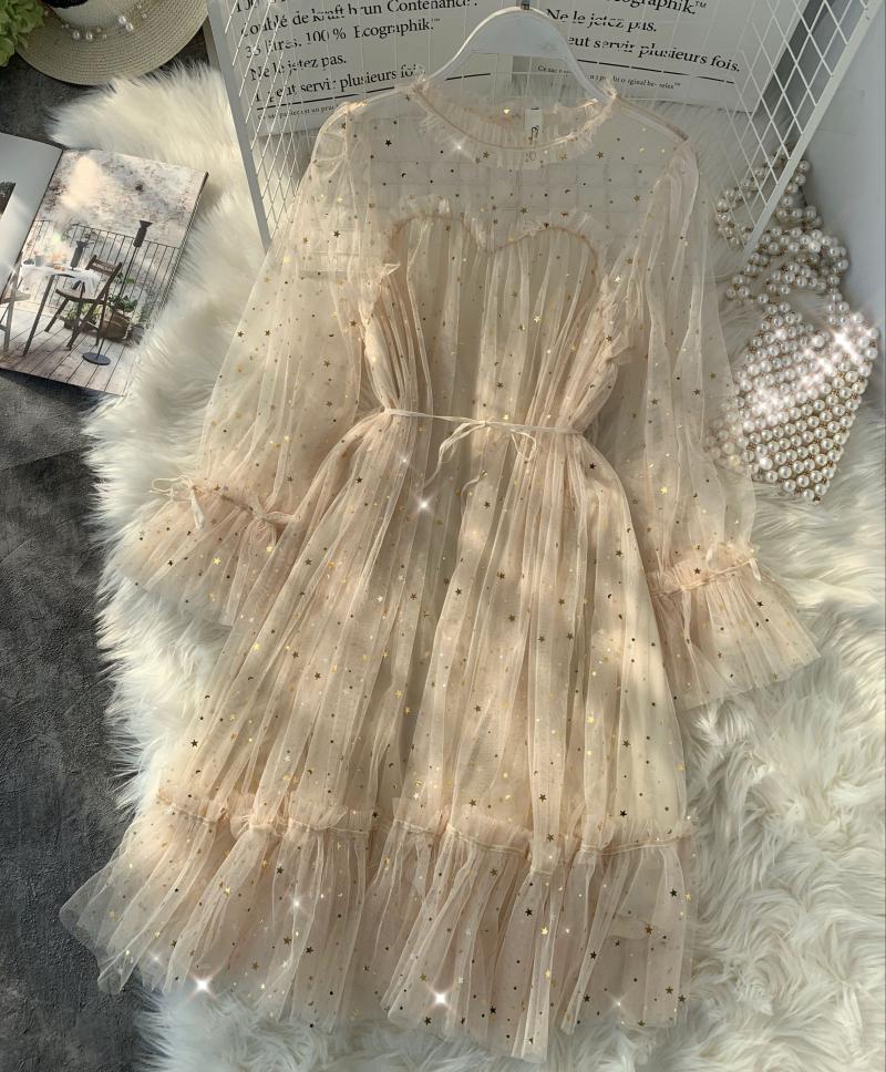 Female O-neck Stars Sequined Mesh Shiny Fairy Dress Women Elegant