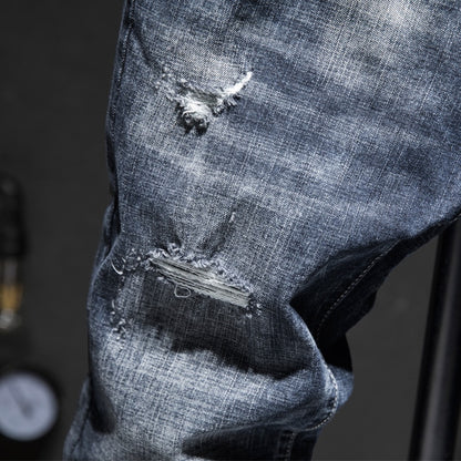 Biker Jeans Men Dark Blue Stretch Slim Fit Ripped Distressed Streetwear Denim