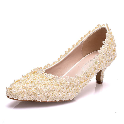 Crystal Queen White Lace Wedding Shoes 5CM Thick kitten Heel Shoes