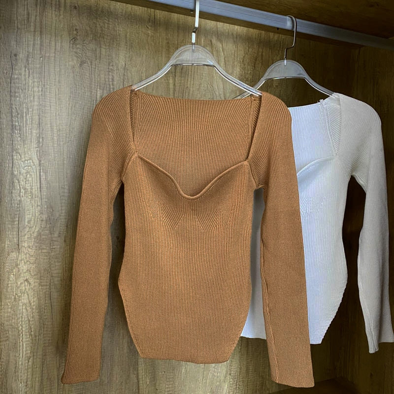 Square Collar Long Sleeve Woman Sweaters Knitted Pullover Women