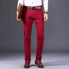 Classic Style Men Wine Red Jeans Fashion Business Casual Straight Denim