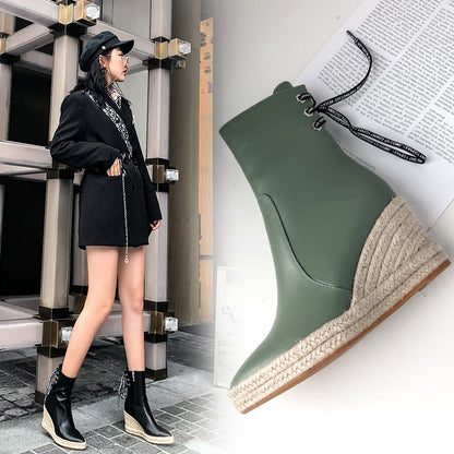 Women Wedge Ankle Boots Casual Lace Up Low Heels Female Platform Shoes