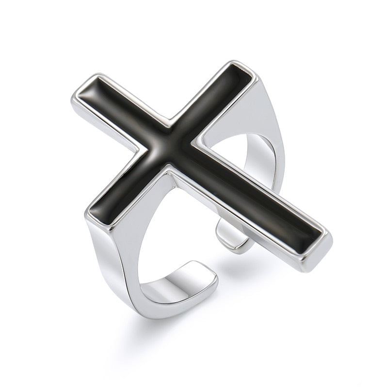 GEOMEE 1PC Vintage Black Big Cross Open Ring For Women Party Jewelry