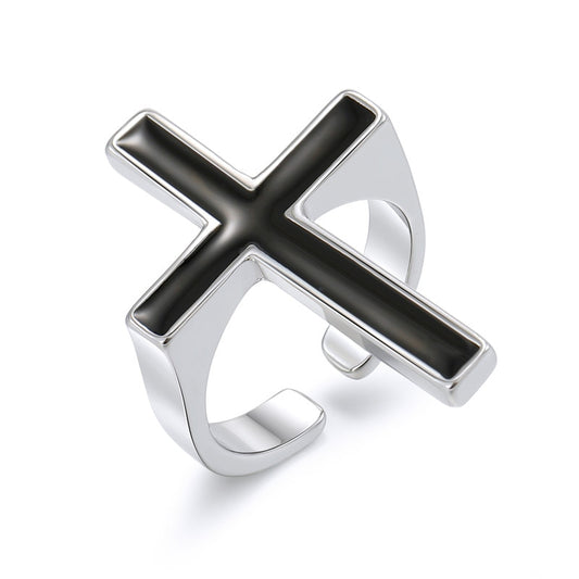 1PC Vintage Black Big Cross Open Ring For Women Party Jewelry