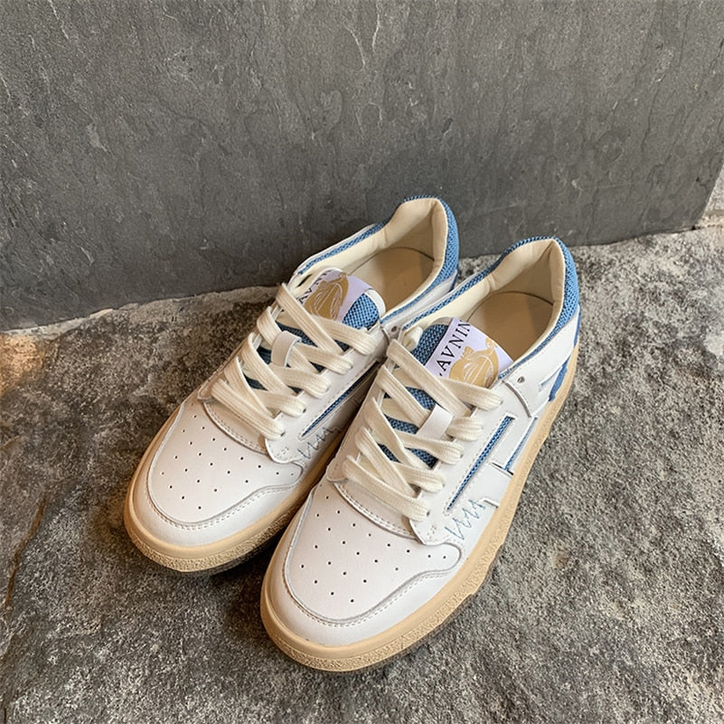 Sneakers Genuine Leather Shoes Woman Flat Lace up Shoes Round Toe