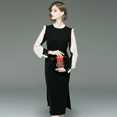 classic contrast color slim dress round neck long sleeve OL commuter long dresses